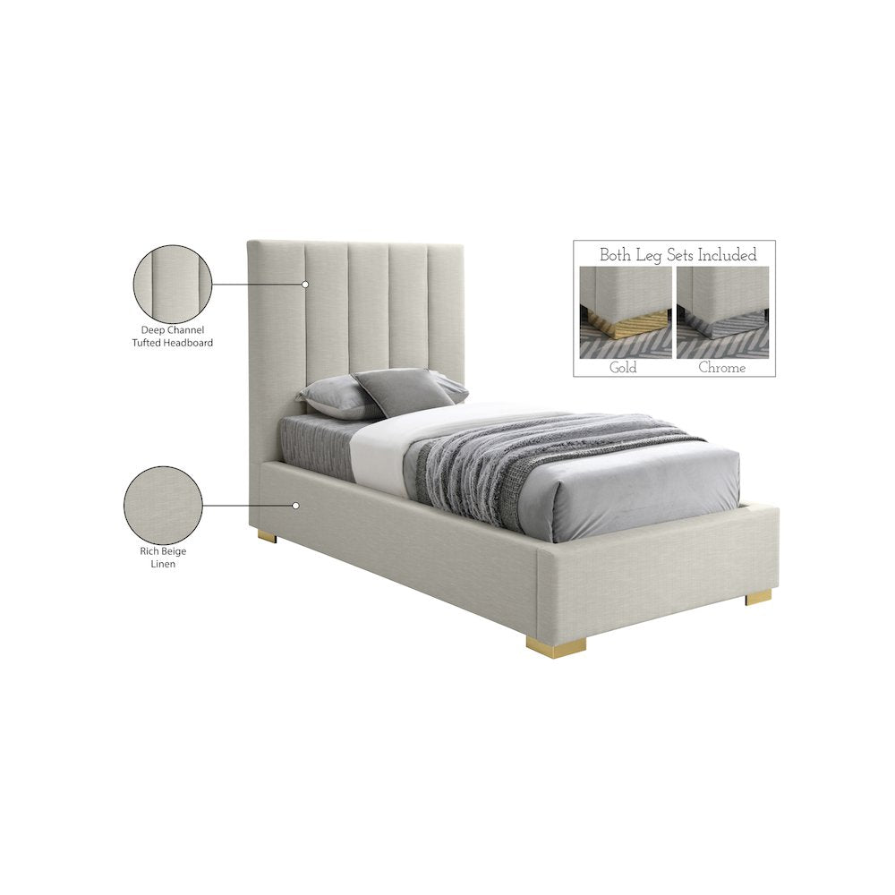 Pierce Beige Linen Textured Fabric Twin Bed