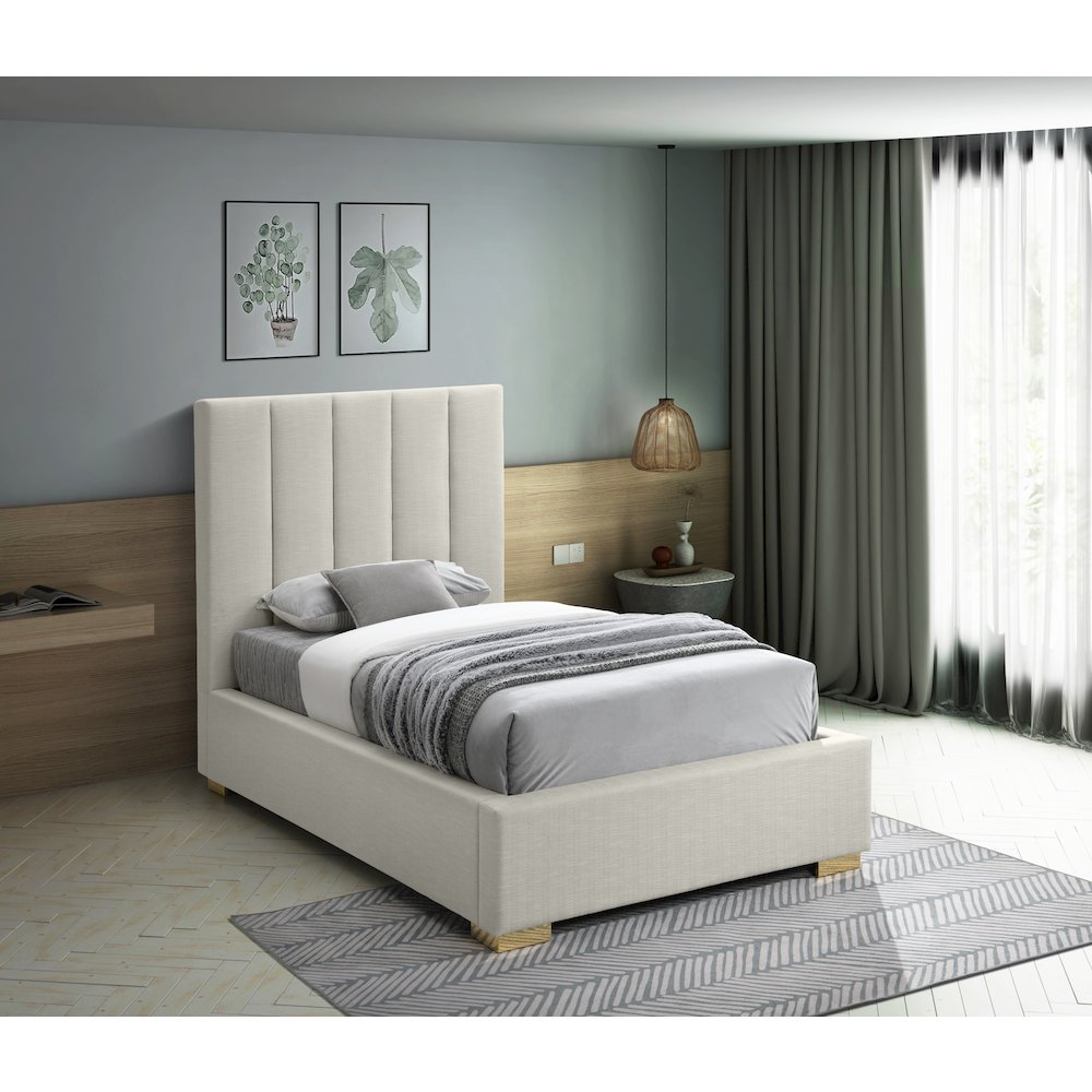 Pierce Beige Linen Textured Fabric Twin Bed