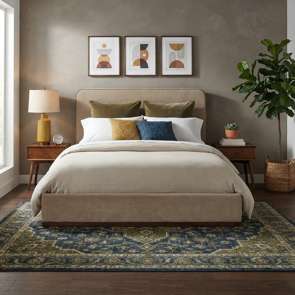 Velvet Upholstered King Bed Frame with Foam-Padded Headboard, Painted