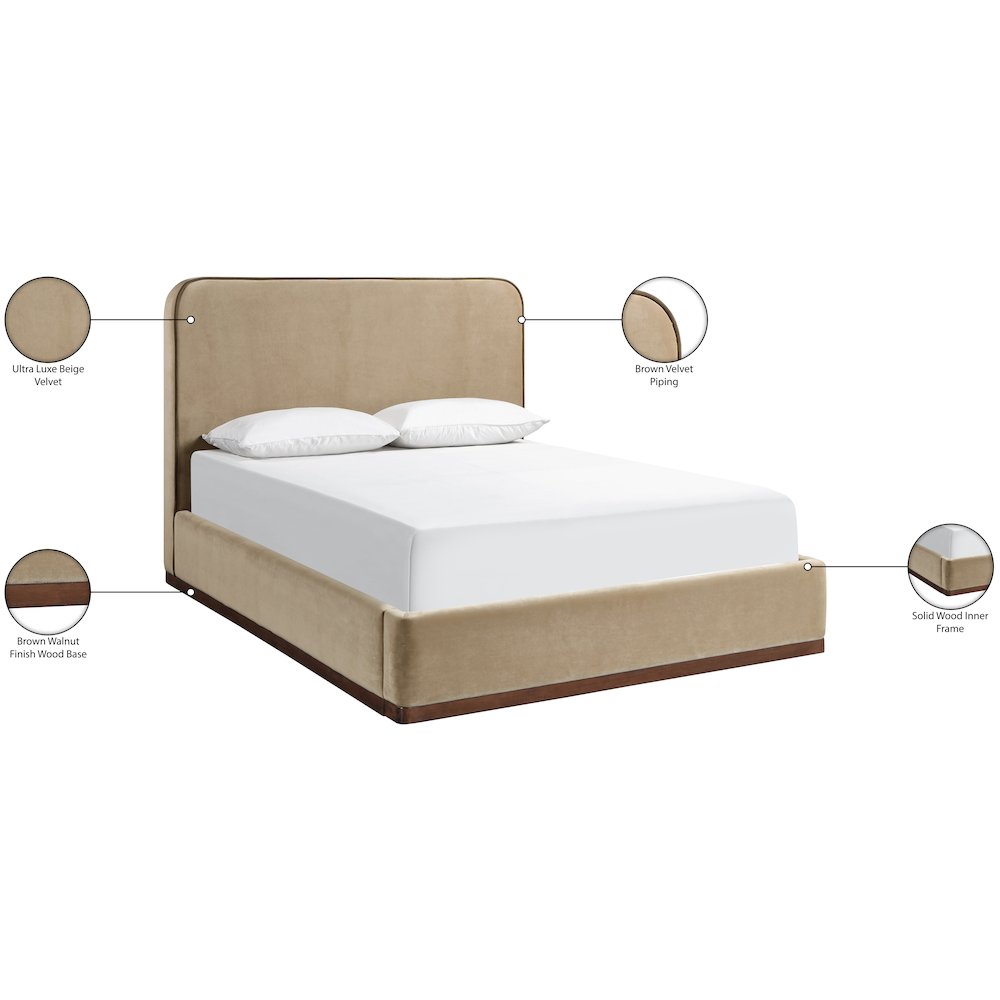 Rava Beige / Brown Velvet Upholstered Queen Bed