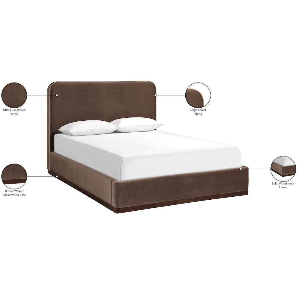Rava Brown / Beige Velvet Upholstered Queen Bed