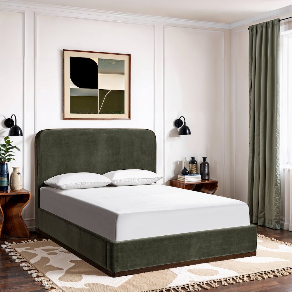 Rava Green / Brown Velvet Upholstered Full Bed