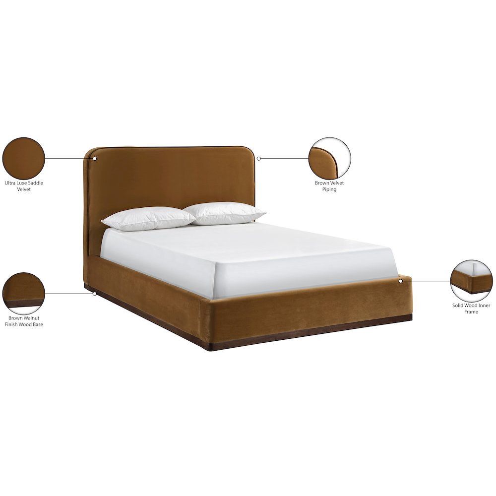 Rava Saddle / Brown Velvet Upholstered Full Bed