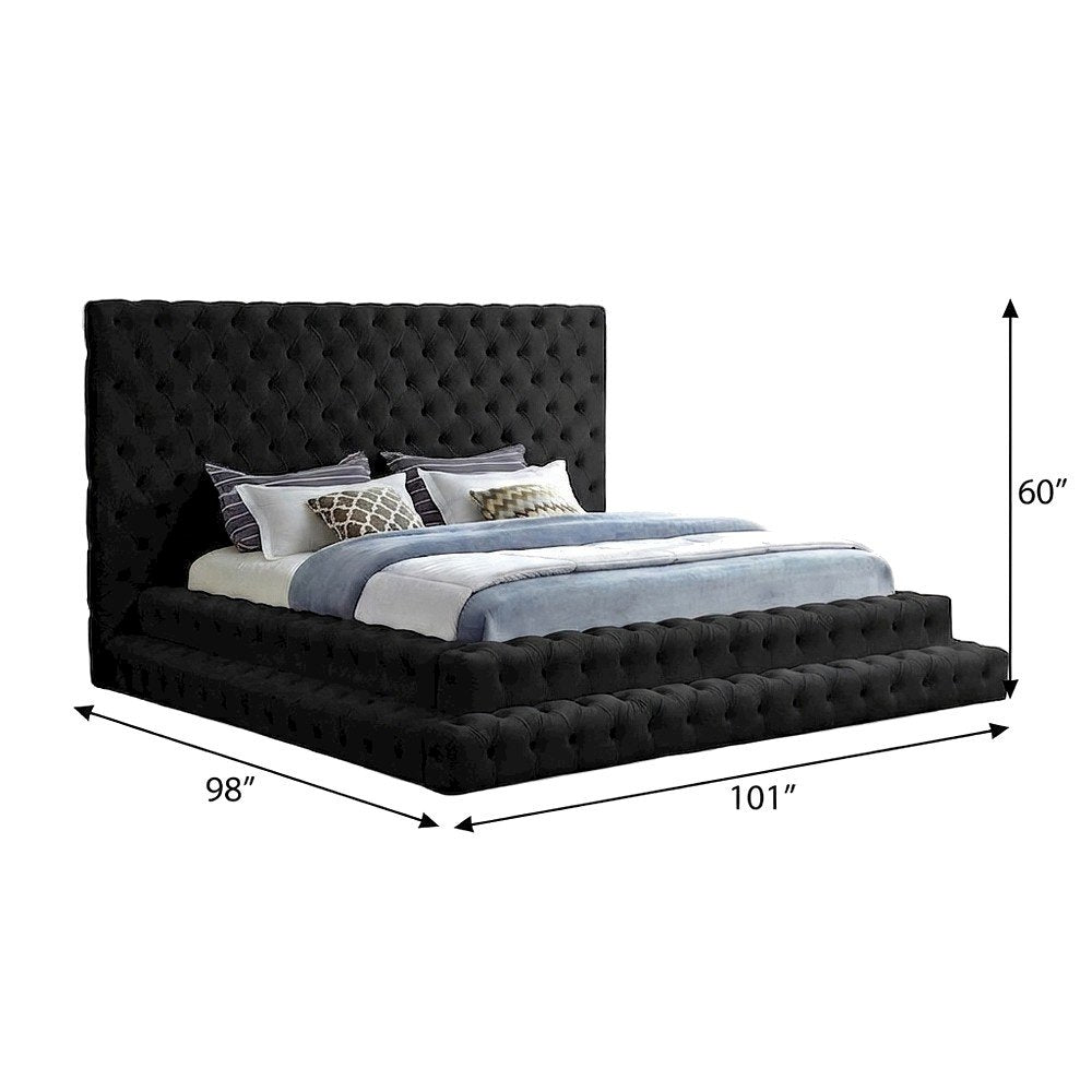 Velvet King Size Platform Bed Frame with Tufted Panel Headboard, Black Velvet