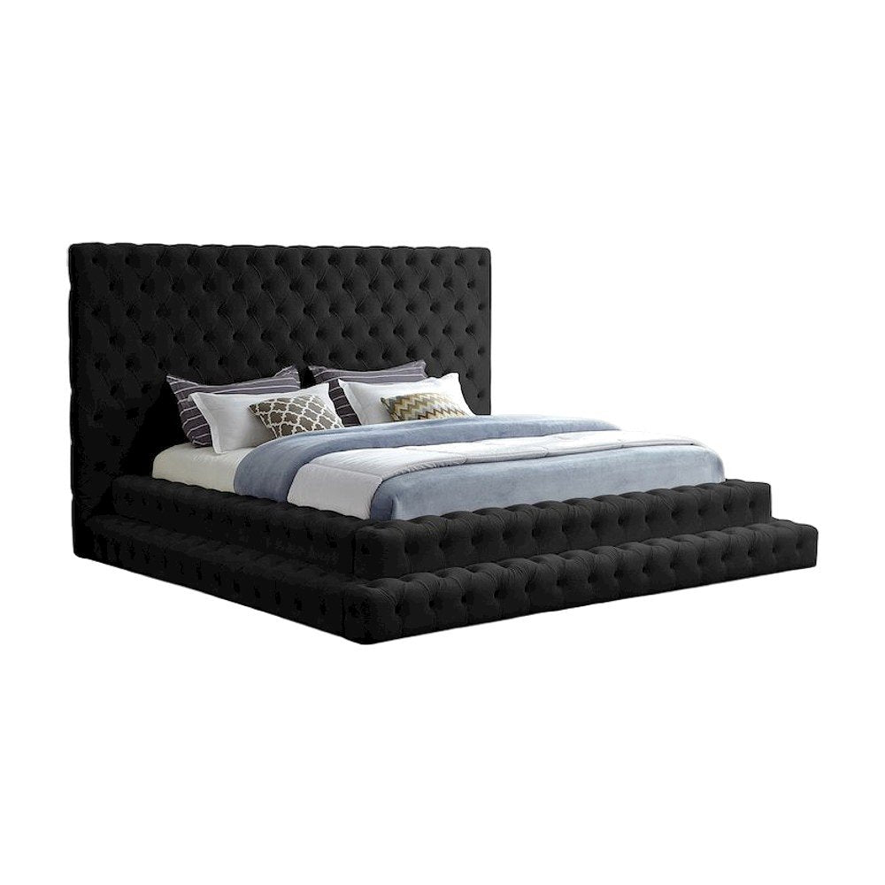 Velvet King Size Platform Bed Frame with Tufted Panel Headboard, Black Velvet