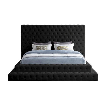 Velvet King Size Platform Bed Frame with Tufted Panel Headboard, Black Velvet
