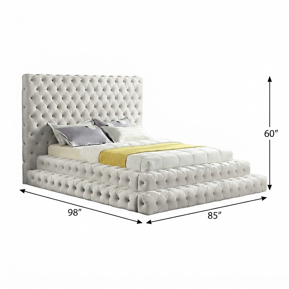 Fully Upholstered Tufted Velvet Queen Platform Bed with Headboard, Cream Velvet