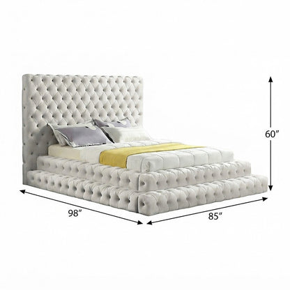 Fully Upholstered Tufted Velvet Queen Platform Bed with Headboard, Cream Velvet