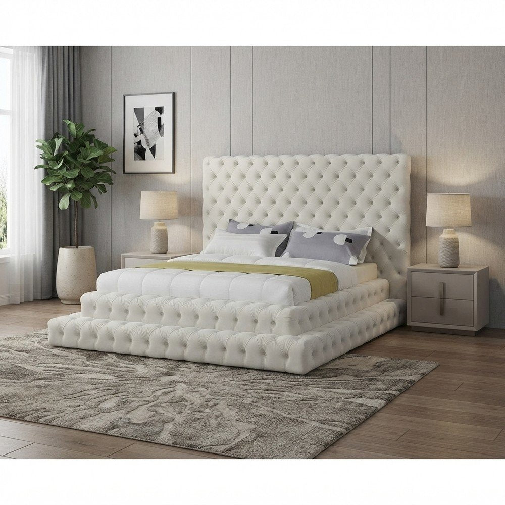 Fully Upholstered Tufted Velvet Queen Platform Bed with Headboard, Cream Velvet