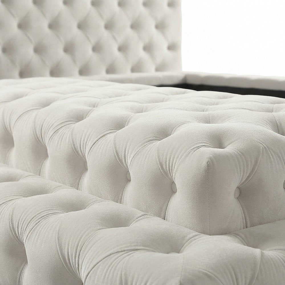 Fully Upholstered Tufted Velvet Queen Platform Bed with Headboard, Cream Velvet