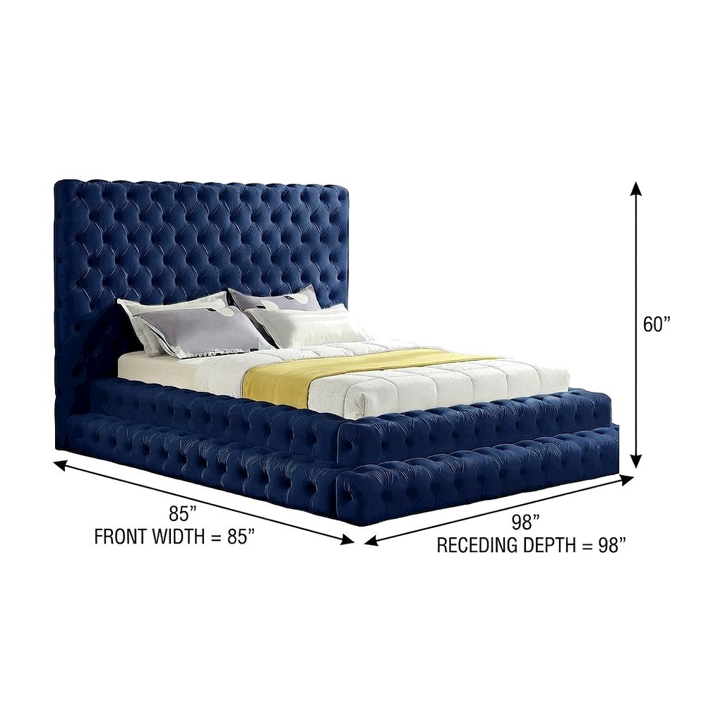 Fully Upholstered Tufted Velvet Queen Platform Bed with Headboard, Navy Velvet
