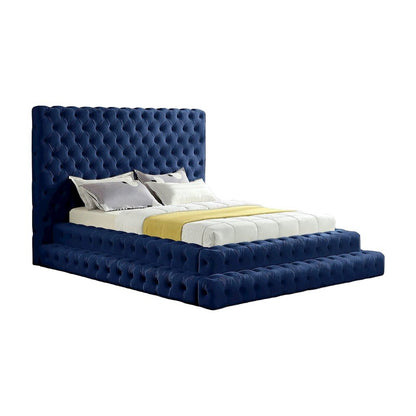 Fully Upholstered Tufted Velvet Queen Platform Bed with Headboard, Navy Velvet