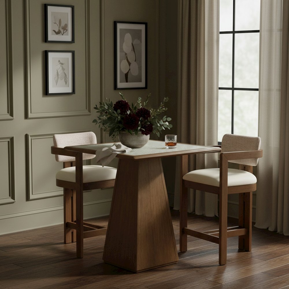 Ravina Beige Vegan Leather and Linen Textured Fabric Upholstered Counter Stool