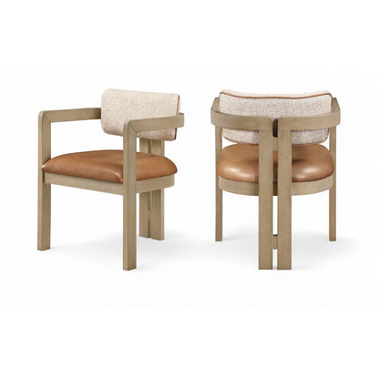 Ravina Cognac Vegan Leather and Linen Fabric Upholstered Dining Chair, Set of 2
