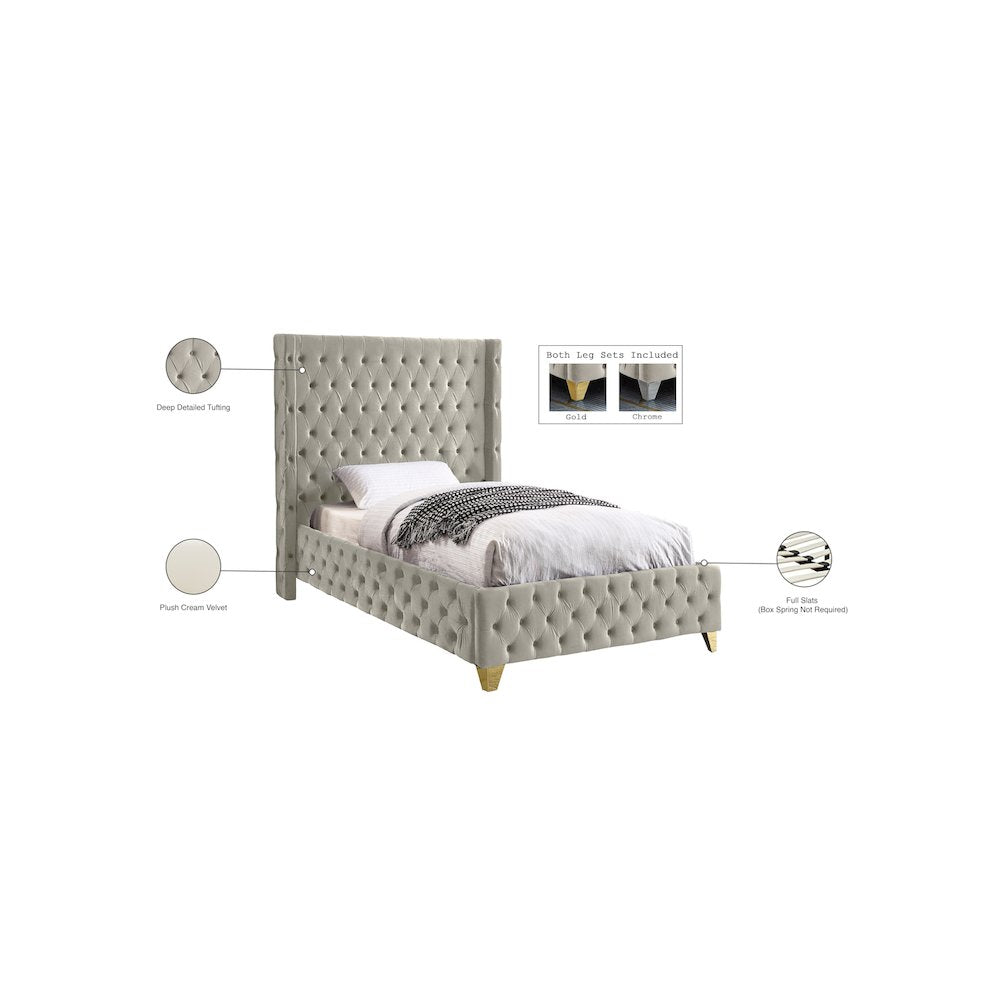Savan Cream Velvet Twin Bed