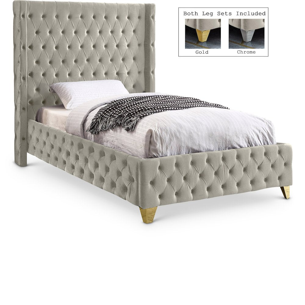 Savan Cream Velvet Twin Bed
