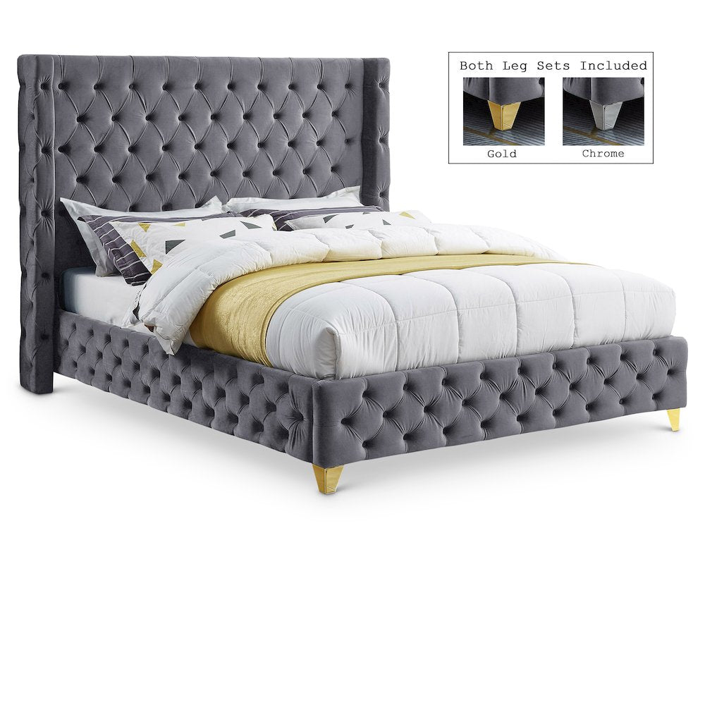 Savan Grey Velvet Queen Bed