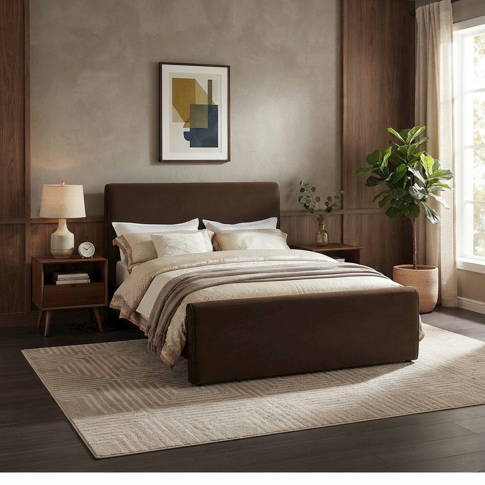 Sloan Velvet Upholstered Platform Bed with Panel Headboard, Brown Velvet, Full
