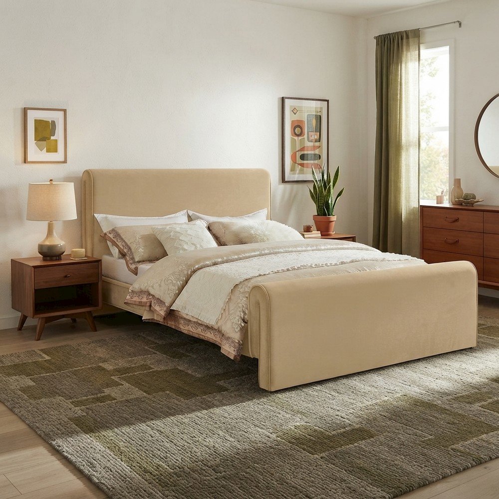 Sloan Velvet Upholstered Platform Bed with Panel Headboard, Camel Velvet, KIng