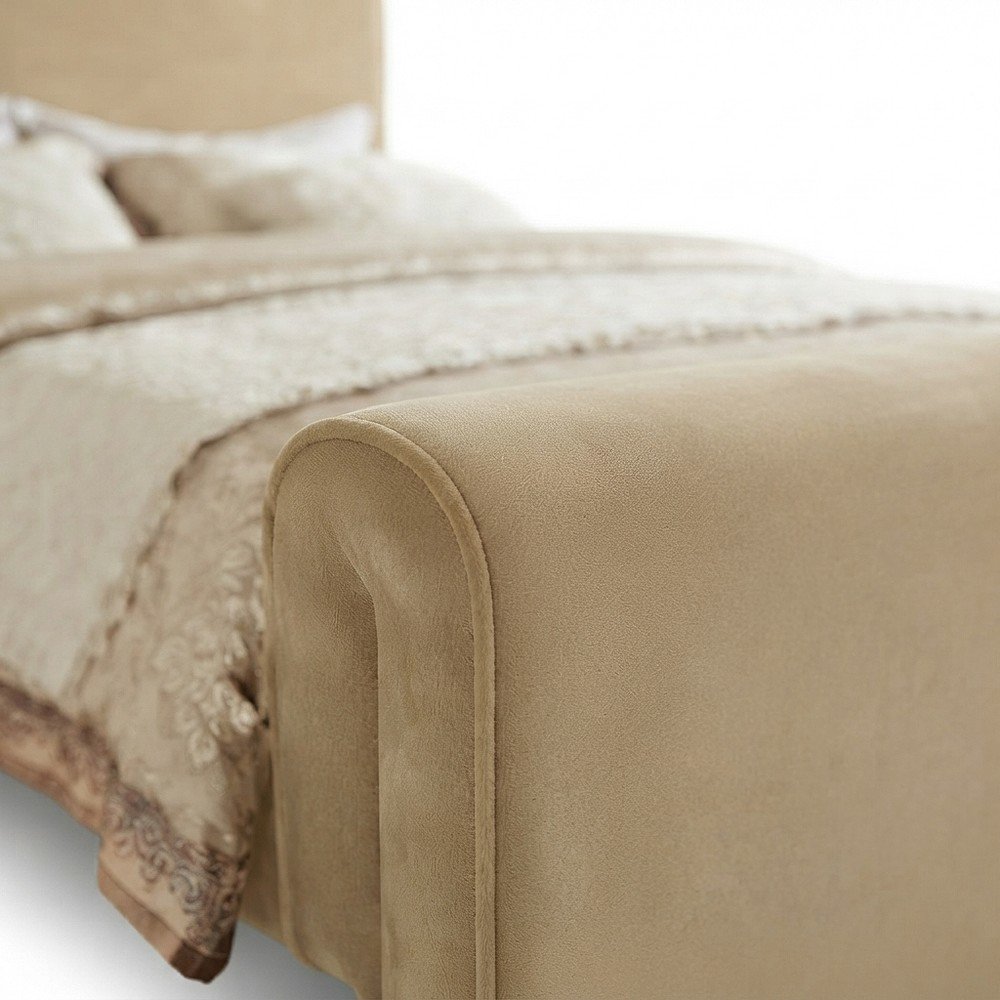 Sloan Velvet Upholstered Platform Bed with Panel Headboard, Camel Velvet, KIng