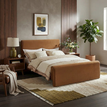 Sloan Velvet Upholstered Platform Bed with Panel Headboard, Saddle Velvet, Queen