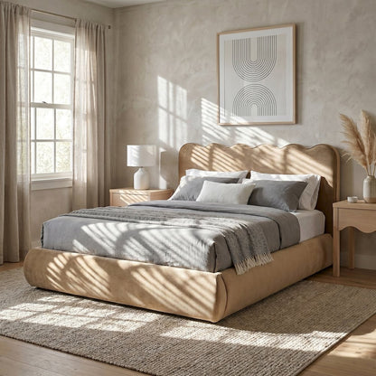 Tempo Beige Velvet Upholstered Queen Bed