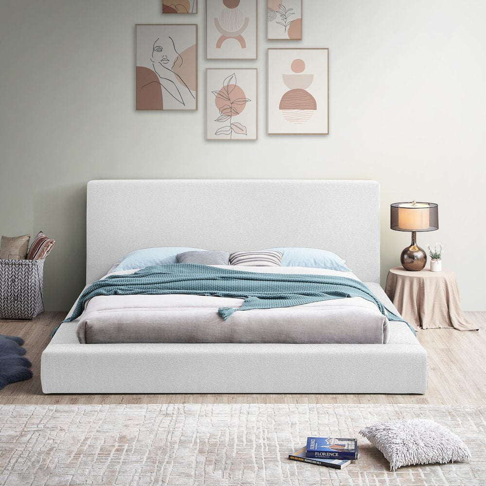 Terra White Boucle Fabric Queen Bed