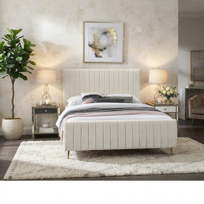 Velvet Upholstered King Platform Bed Frame with Tufted Headboard, Cream Velvet