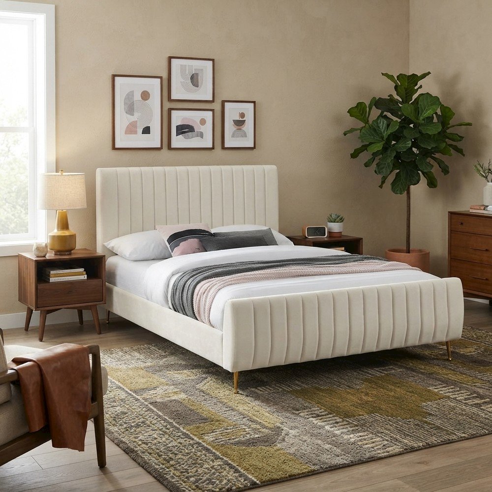 Velvet Upholstered King Platform Bed Frame with Tufted Headboard, Cream Velvet