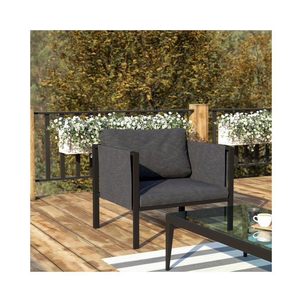 Indoor/Outdoor Patio Chair with Cushions - Modern Steel Framed Chair with Storage Pockets, Black with Charcoal Cushions