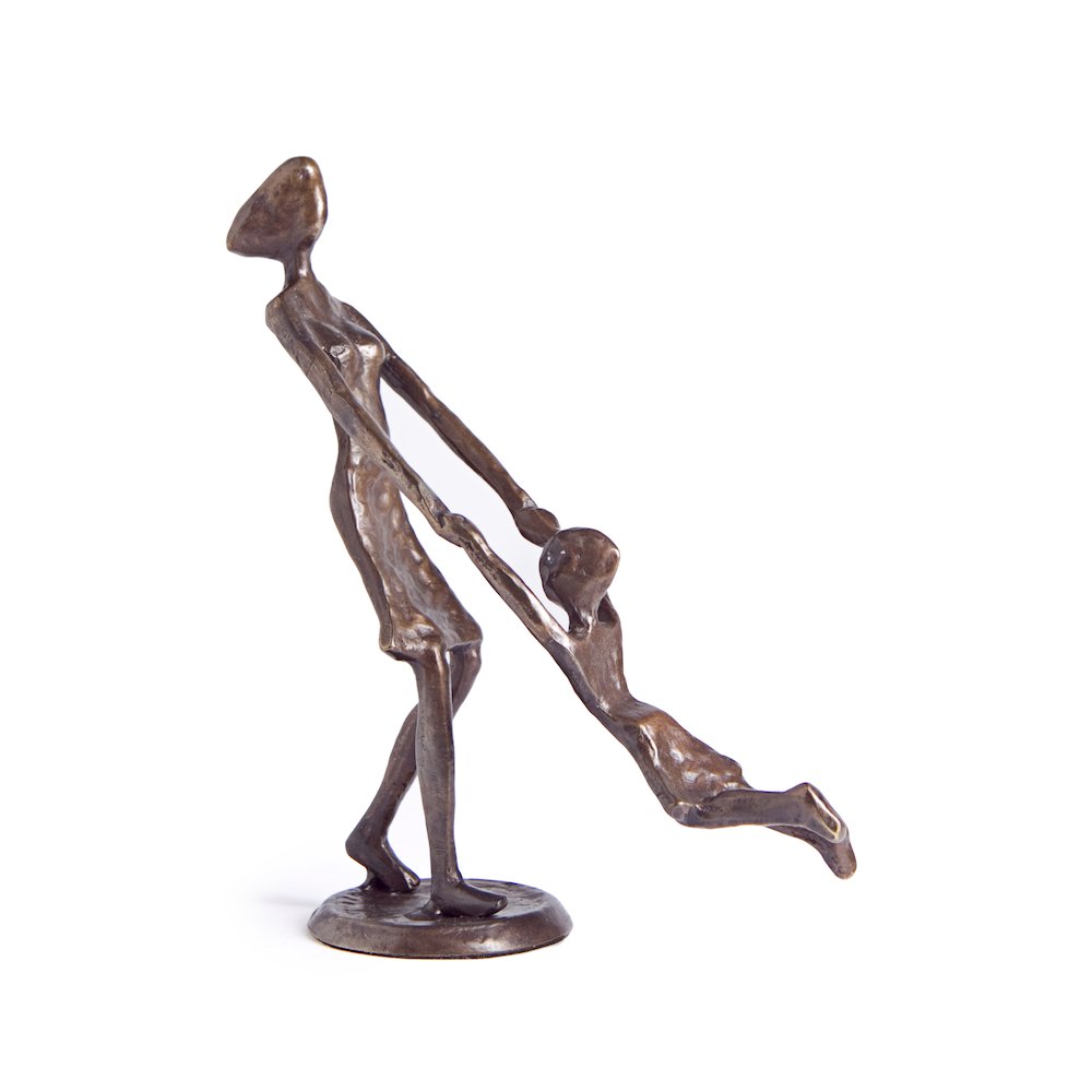 Mother Playing and Swinging Child Cast Bronze Sculpture Figurine