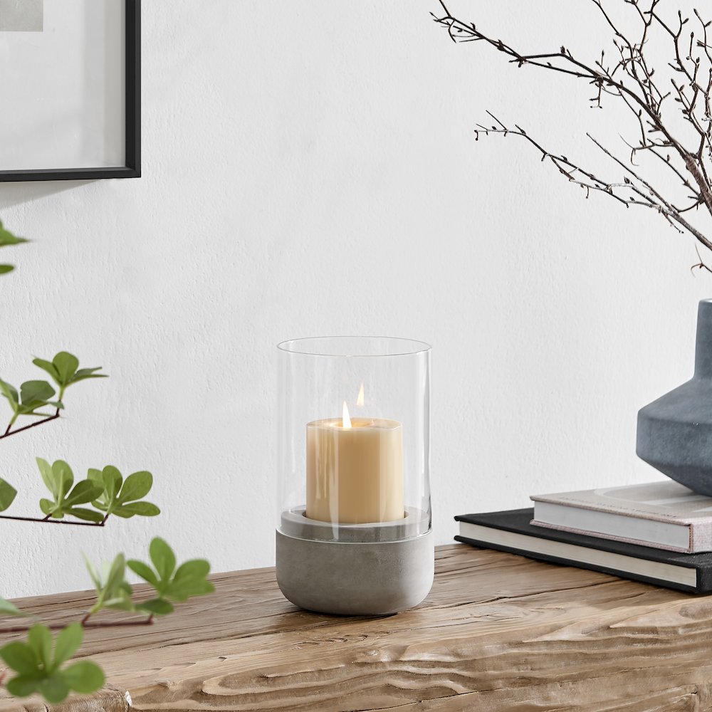 Cool Gray Cement Base and Glass Pillar Votive Candle Holder - Small