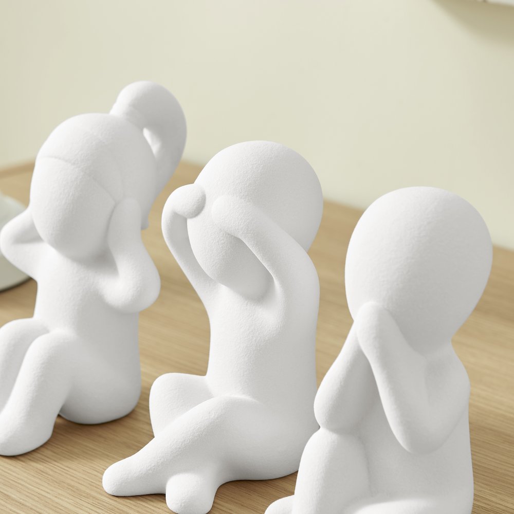 Abstract Wise Children Decorative Accent Matte Ceramic Sculpture Figure Set of 3