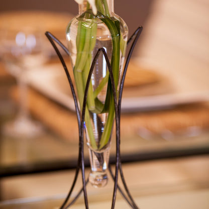 Clear Amphora Vase on Half Moon Metal Stand