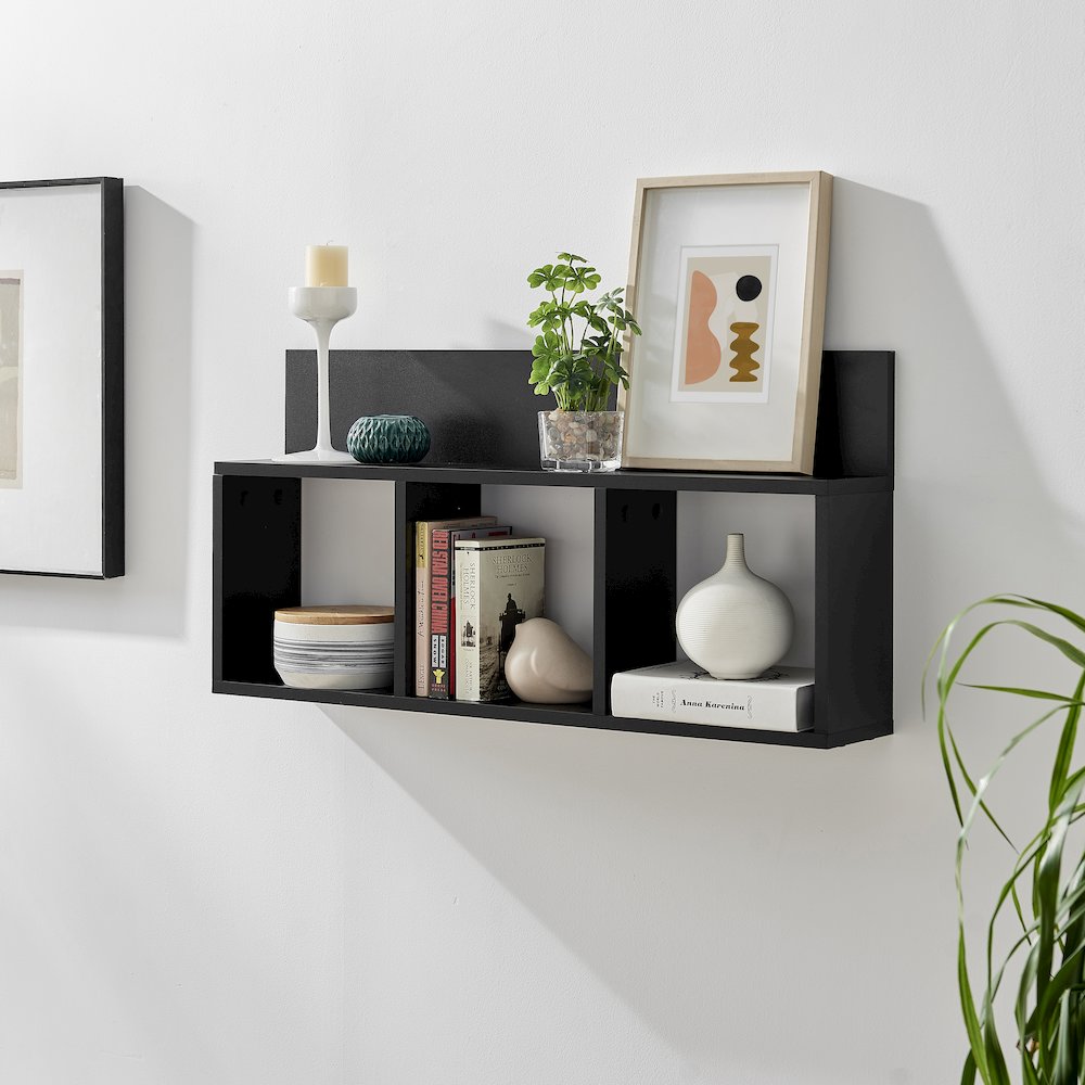 Modern 3 Cube Floating Cubby Wall Shelf with Display Ledge- Black