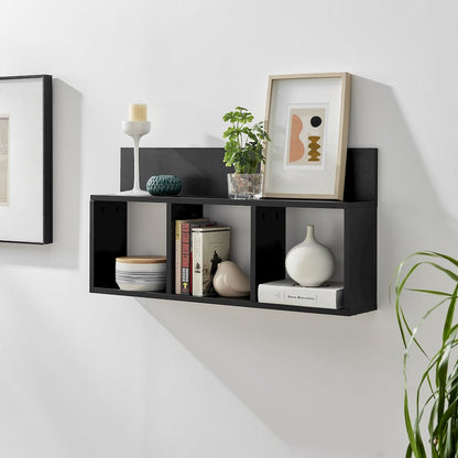 Modern 3 Cube Floating Cubby Wall Shelf with Display Ledge- Black