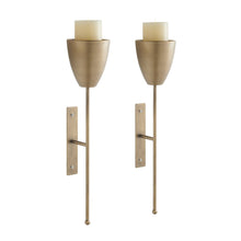 Antique Brass Metal Wall Mount Vertical Pillar Candle Sconces Set of 2