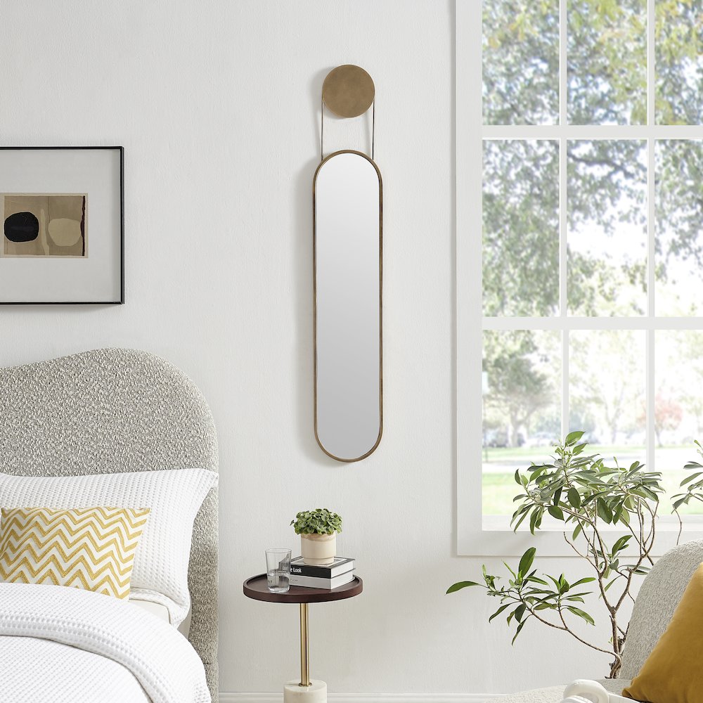 Mid-century Modern Antique Brass Oval Hanging Decorative Wall Mirror