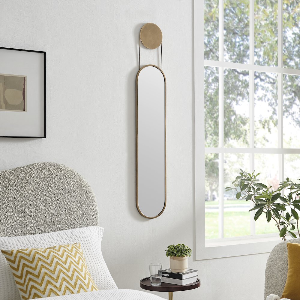 Mid-century Modern Antique Brass Oval Hanging Decorative Wall Mirror