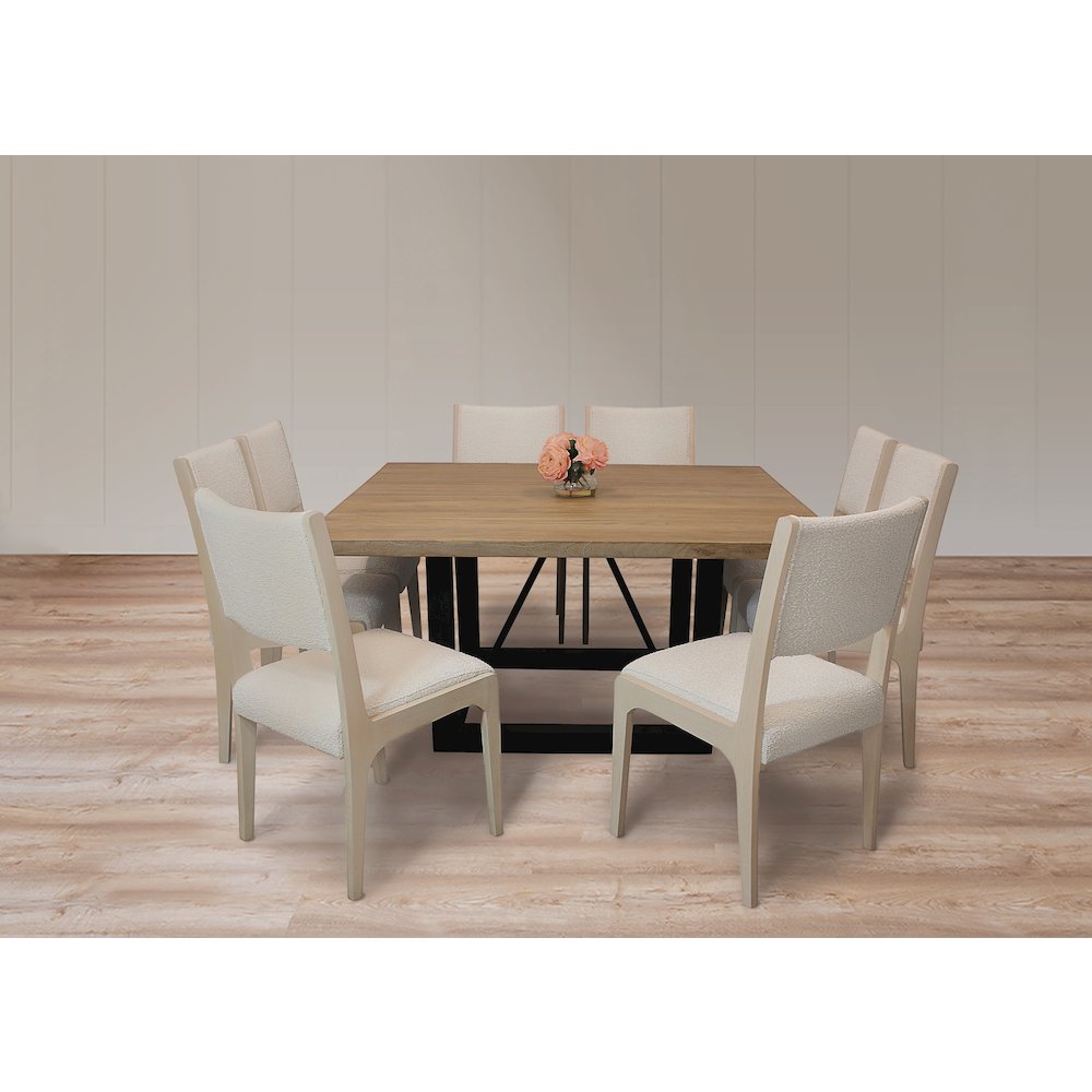Logan 9-Piece Dining Set with 8 Ash Dining Chairs in Ivory Boucle Linen Fabric