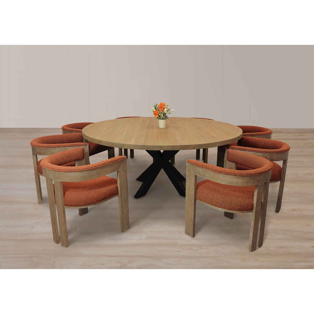 9-Piece 72" Dining Set 8 Trish Arm Chairs in Rust Orange Boucle Linen Fabric