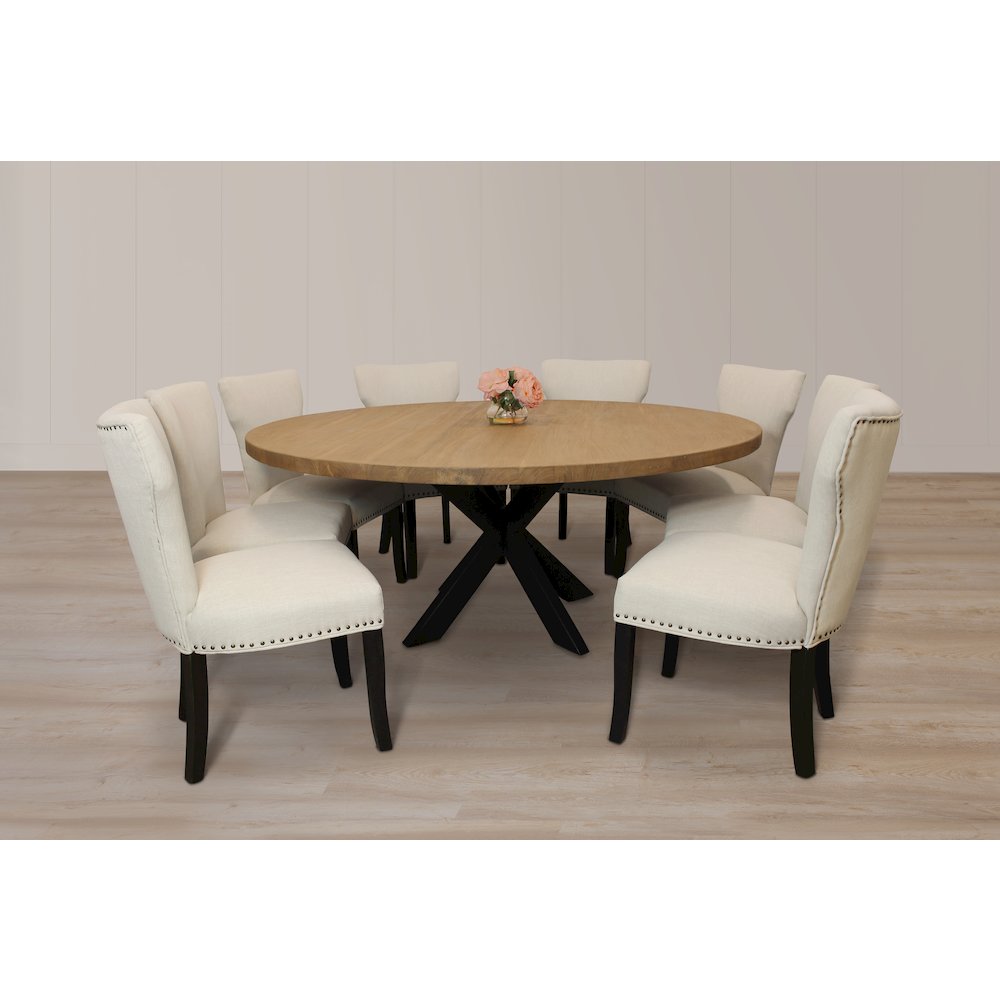 9-Piece 72 Dining Set 8 Dining Chairs in Ivory Linen Fabric Antique Brown Legs