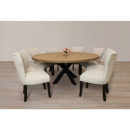 9-Piece 72 Dining Set 8 Dining Chairs in Ivory Linen Fabric Antique Brown Legs