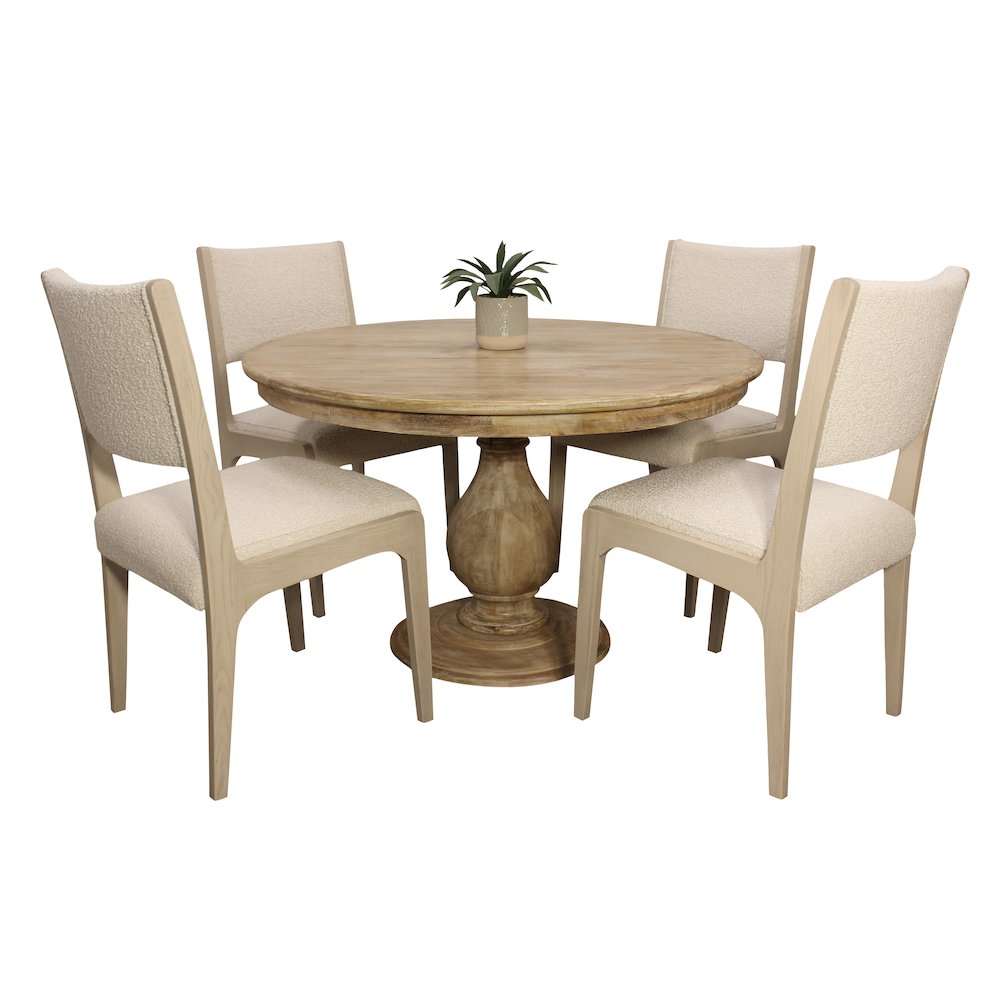 Jenna 48" Dining Table with 2 Sets of Ash Chairs in Ivory Boucle Fabric