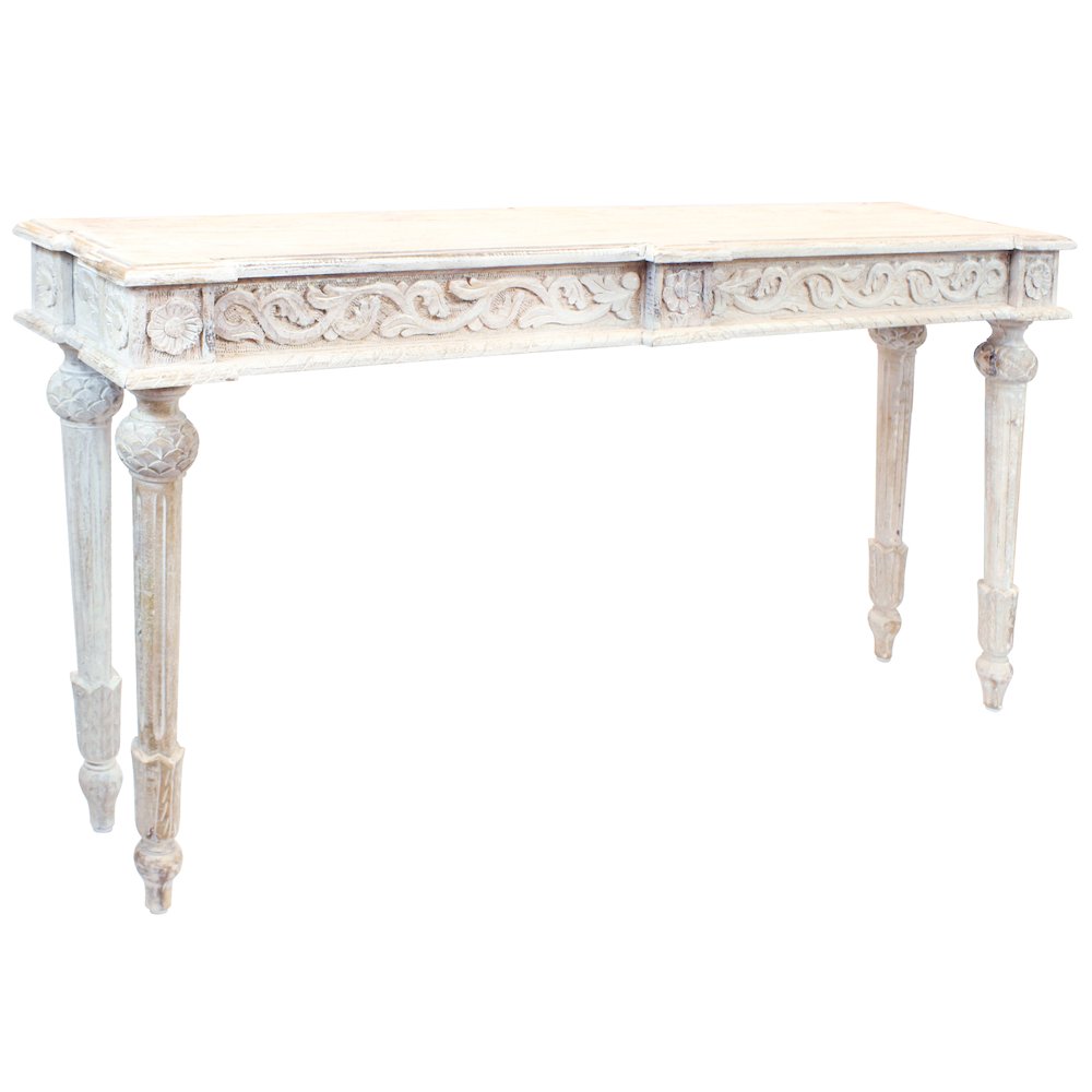 Tigard Console in Antique White with Handcarved Detailing