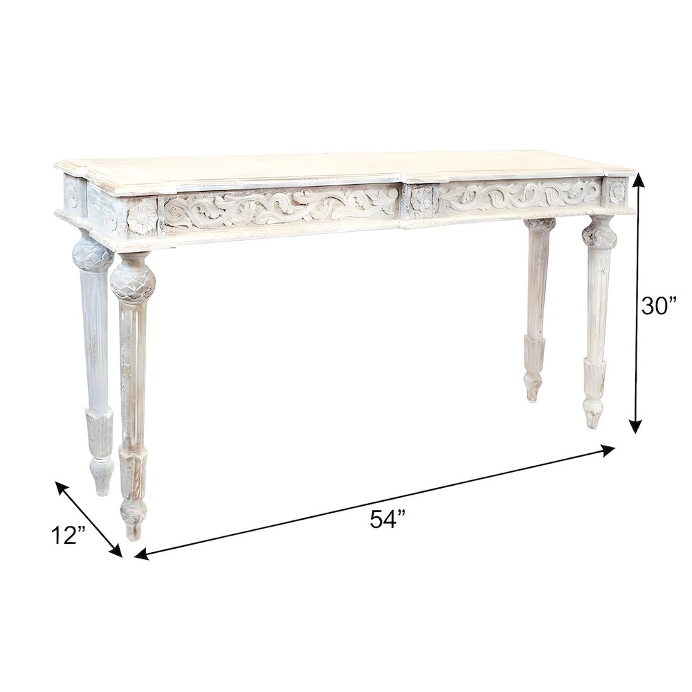 Solid Mango Wood Console Table with Handcarved Detail, Antique White