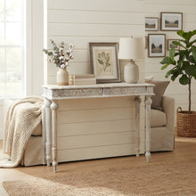 Solid Mango Wood Console Table with Handcarved Detail, Antique White