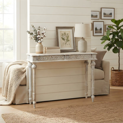 Solid Mango Wood Console Table with Handcarved Detail, Antique White