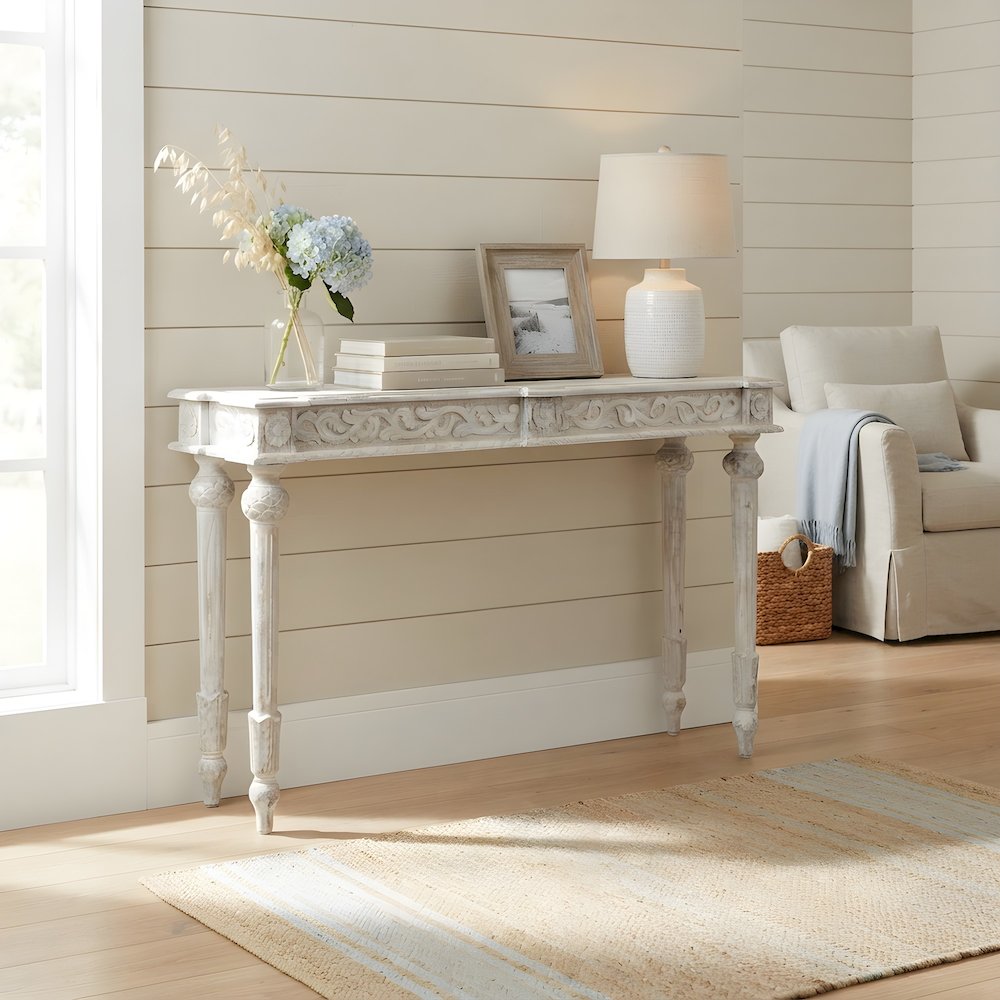 Solid Mango Wood Console Table with Handcarved Detail, Antique White