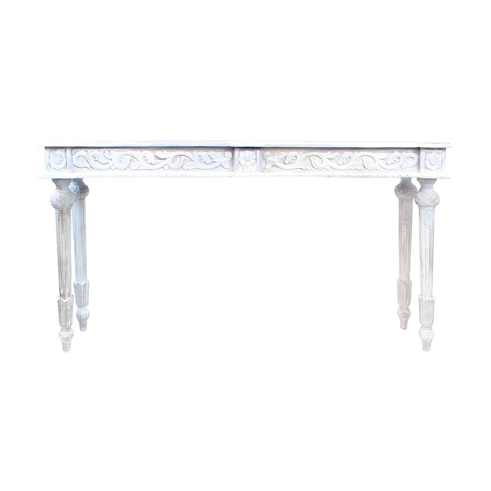 Solid Mango Wood Console Table with Handcarved Detail, Antique White